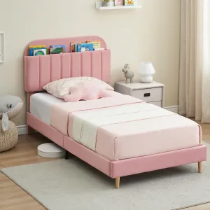 Twin Bed Frame with Bookcase Headboard, Velvet Upholstery, Heavy Duty Steel Support - Pink