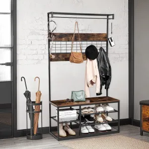 Entryway Coat Rack 3-In-1, Hall Tree With Storage Bench, 5 Storage Shelves, Hall Tree With 5 Remove Hooks, Multifunctional, Sturdy Steel Frame, Large Size, Industrial Design, for Home Entrayway