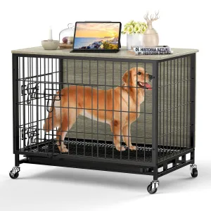 27.2" Dog Crate Furniture with Cushion, Dog Kennel Indoor with Wheels, Dog Crate End Table with Tray with Double Doors for Small Dog, Grey