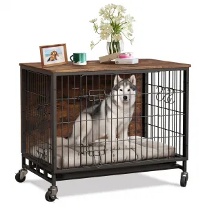 Dog Crate Furniture, Double Doors Wooden Dog Kennel Cage, 32.5" Indoor Dog Crate with Pull-Out Tray & Removable Wheels, Decorative End Table Pet House Chew-Resistant for Medium Dog, Brown