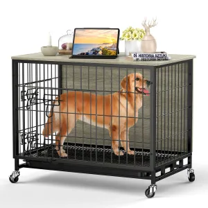 Dog Crate Furniture, 32.5" Wooden Dog Kennel Furniture Style Dog Crate with Removable Tray and Wheels, Heavy-Duty Double-Doors Dog Cage End Table, Indoor Dog House for Large Dogs, Grey