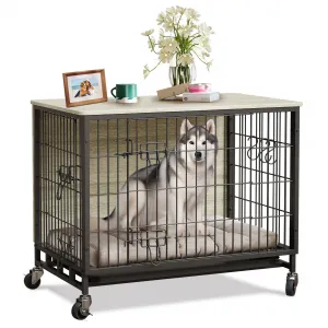 Dog Crate Furniture, Double Doors Wooden Dog Kennel Cage, 32.5" Indoor Dog Crate with Pull-Out Tray & Removable Wheels, Decorative End Table Pet House Chew-Resistant for Medium Dog, Grey