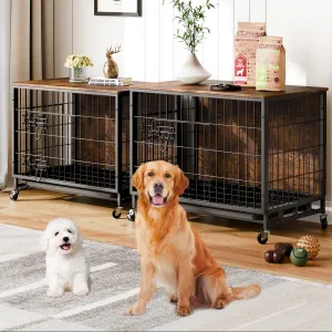 Furniture-Style Dog Crate – Deluxe Wooden Dog Kennel with Removable Tray and Wheels, Heavy-Duty Double-Doors 32.5" Dog Cage End Table, Indoor Dog House for Large Dogs, Brown