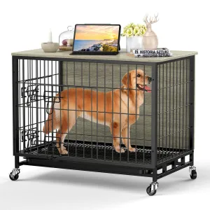 Dog Crate Furniture, Deluxe Wooden Dog Kennel with Removable Tray and Wheels, Heavy-Duty Double-Doors 38.6" Dog Cage End Table, Indoor Dog House for Large Dogs, Grey
