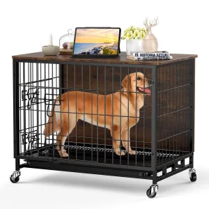 Dog Crate Furniture, 38.6" Dog Kennel Indoor Double Doors, Wooden Dog Cage with Pull-Out Tray & Removable Wheels, Decorative End Table Pet House Chew-Resistant for Large Dog, Brown