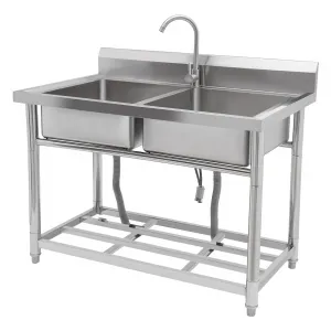 39.4"W x 19.7"D x 33.5"H Stainless Steel Utility Sink - Freestanding Double Bowl Prep Sink with Undershelf, Hot & Cold Water Pipes, and Faucet for Restaurants, Laundry Rooms, Garages, Bars, and Workshops