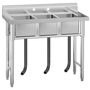 57.1"W x 26"D x 35.4"H Stainless Steel Utility Sink - Freestanding 3-Compartment Prep Sink for Commercial Kitchens, Restaurants, Laundry Rooms, Garages, Bars, and Workshops-Without faucet