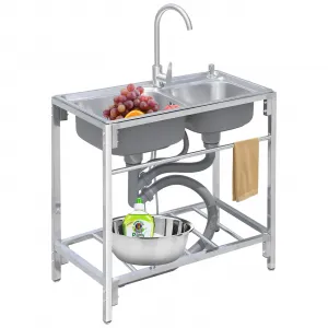 Utility Stainless Steel Sink,32.7" x 17.3" x 33.5"Commercial Kitchen Prep Sink Free Standing Double Bowl with Cold and Hot Water Pipe Undershelf Faucet for Restaurant Laundry Garage Bar Workshop