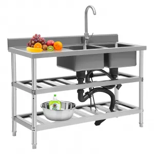 Utility Stainless Steel Sink, 47.2" x 19.7" x 33.5"Commercial Kitchen Prep Sink Free Standing Double Bowl with Cold and Hot Water Pipe Faucet Double Shelf for Restaurant Laundry Garage Bar Workshop