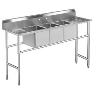 Commercial 3-Compartment Stainless Steel Sink - 16-Gauge 304 Steel, 39" Free-Standing with Splash Guard (Dual Workbenches, NSF/Commercial Kitchen)