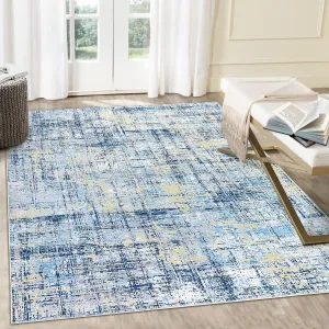Area Rug 9x12 Abstract Contemporary Area Rugs Non Slip Washable Rug Ultra Soft Rug Colorful Overdyed Mat Low Pile Thin Rug Stain Resistant Distressed Rugs for Living Room Bedroom, Navy Multi