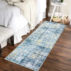 Runner Rug 2x6 Abstract Sketch Distressed Rug Machine Washable Hallway Rug Non Slip Kitchen Rug Navy Multi Colorful Overdyed Thin Rug Contemporary Carpet for Bedroom Living Room, Blue+Yellow