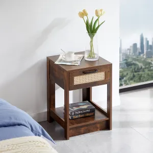 15.75" Rattan Night Stands With Drawer Bedside End Table For Small Space Rustic Brown One Size, Space Saving, Multipurpose