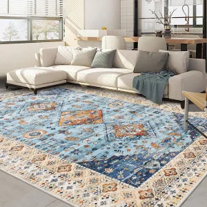 Washable Rugs 8x10 Rug for Living Room Rug Vintage Area Rug for Bedroom Bohemian Rug Non Slip Carpet Throw Rugs Large Area Rug Chenille Stain Resistant Office Rug Classroom Rug Blue Multi