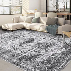Washable Area Rugs 5x7 Rug for Living Room Vintage Grey Rug Floral Bedroom Rugs Bohemian Boho Oriental Rug Non Slip Throw Rugs Stain Resistant Carpet for Dining Room Office Classroom 5'x7' Grey