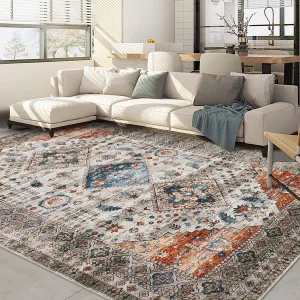 Washable Rugs 9 x 12 Rug for Living Room Vintage Rugs for Bedroom Boho Floral Non Slip Carpet Non Shedding Throw Rugs Large Area Rug Stain Resistant Office Rug Classroom Rug 9'x12' Browm Multi