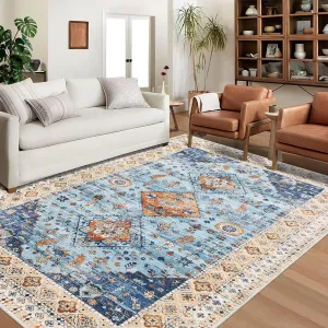 Vintage Washable Area Rug Blue Multi 9x12 - Bohemian Floral, Non-Slip TPR Backing, Stain Resistant Polyester, Ideal for Living Room, Bedroom, Office, Classroom