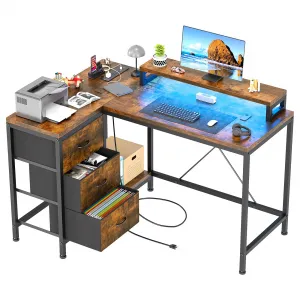 L Shaped Desk with Power Outlets & LED Lights, Computer Desk with Drawers & Shelves, Corner Desk Gaming Desk Home Office Desk, Rustic Brown