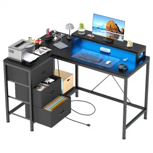 L Shaped Desk with Power Outlets & LED Lights, Computer Desk with Drawers & Shelves, Corner Desk Gaming Desk Home Office Desk, Black