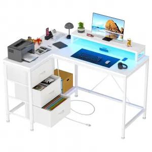 L Shaped Desk with Power Outlets & LED Lights, Computer Desk with Drawers & Shelves, Corner Desk Gaming Desk Home Office Desk, White
