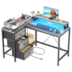 L Shaped Desk with Power Outlets & LED Lights, Computer Desk with Drawers & Shelves, Corner Desk Gaming Desk Home Office Desk, Oak