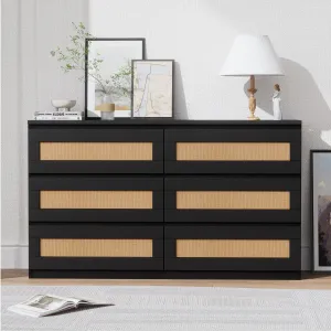 Modern Rattan Dresser for Bedroom - 6 Drawer Double Dresser - MDF Wood, Anti-Tip Kit - Smooth Metal Rails - Black - Ideal for Living Room, Hallway