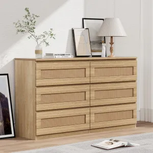 Rattan Dresser, 6 Drawer, Modern Wide Chest, Anti-Tip Kit, Smooth Slide Rail, MDF Wood, Bedroom, Hallway, Living Room