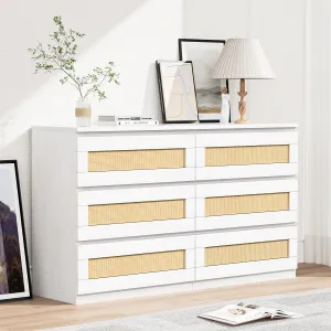 Rattan Dresser for Bedroom - 6 Drawer, Anti-Tip Kit, Smooth Slide Rail, MDF Wood, White - Bedroom, Hallway, Living Room