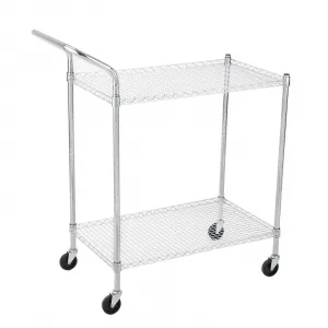 Commercial Grade Utility Cart, 2 Tires Wire Rolling Cart, Steel Service Cart with Wheels, Food Storage Trolley for Restaurant,Kitchen, High Handle