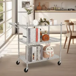 Commercial Grade Utility Cart - 3 Tires, Wire Rolling Cart with Handle Bar, Alloy Steel Food Storage Trolley, Low Handle