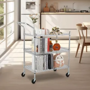 Commercial Grade Utility Cart, 3 Tires Wire Rolling Cart, Steel Service Cart with Wheels, Food Storage Trolley for Restaurant,Kitchen, High Handle