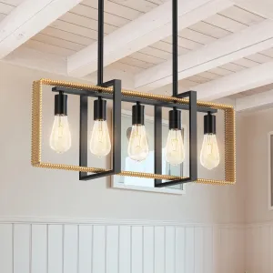 Kitchen Island Lighting，5-Light Adjustable Dining Room Light Fixtures, Rattan Frame Pendant Ceiling Chandelier，Modern Pendant Lighting for Dining Room Kitchen Island Farmhouse