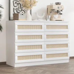 8 Drawer Double Dresser, Modern Wooden Chest, Rattan, White, Bedroom, Living Room, Closet, Entryway, 47.3"L x 13"W x 33.9"H