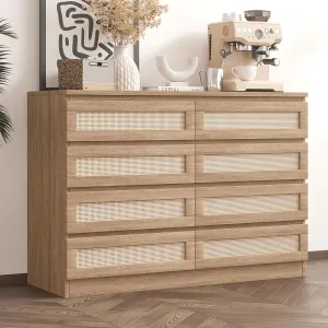 8 Drawer Double Dresser - Modern Rattan Chest, Wooden Frame, Ample Storage, Anti-Dumping Device, Bedroom, Living Room, Entryway