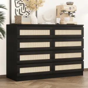 8 Drawer Double Dresser for Bedroom, Modern Wooden Chest, Rattan Design, Sturdy Particleboard, Anti-Dumping, Black, Ideal for Living Room