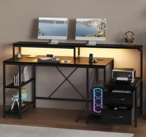Office Desk with LED Light & Power Outlets, 63 inch Computer Desk with Monitor Stand and Printer Space, Gaming Desk with Drawers and Storage Shelves for Study Writing Working, Black