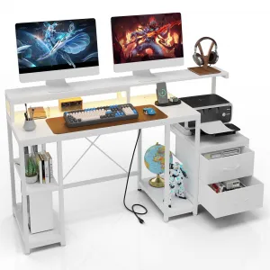 Computer Desk with LED Light & Power Outlets, Monitor Stand, Printer Space, Drawers, Storage Shelves, Study Work Desk, White - White