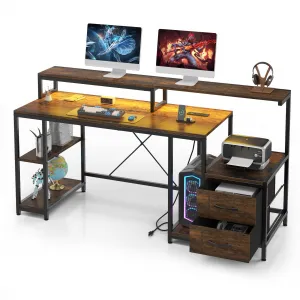 Computer Desk with LED Light & Power Outlets, Monitor Stand, Printer Space, Drawers, Storage Shelves, Study Work Desk, White - Rustic Brown