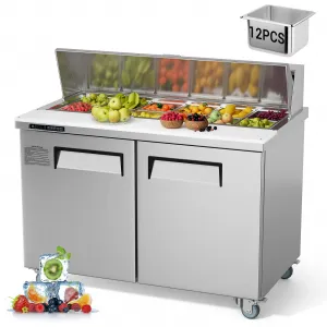 12.85 cu. ft Commercial Refrigerator 48" Undercounter Worktop Refrigerator, Double Door, Thick Stainless Steel, Sandwich Salad Prep Station, Silver