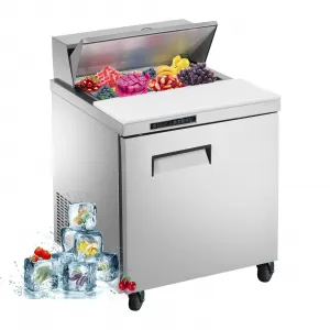 Commercial Refrigerator 28" Undercounter Worktop Stainless Steel Single Door 7.4 cu. ft Cooling Station with Cutting Board and 8 Pans