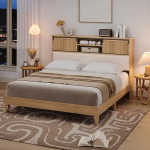 Rattan King Bed Frame with Sliding Door Shelf Headboard, Bohemian Rattan Bed Frame King Size with Shelves, Solid Wood Foundation with Silent Slats, No Box Spring Needed, Natural