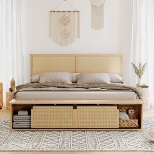 Natural Rattan Full Size Bed Frame with Sliding Barn Door Storage Cabinets and Led Light Headboard, Boho Farmhouse Wood Platform Bed with Solid Wood Legs Support, No Box Spring Needed