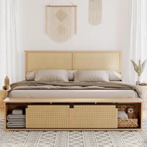 Natural Rattan Queen Size Bed Frame with Sliding Barn Door Storage Cabinets and LED Light Headboard, Boho Farmhouse Wood Platform Bed with Solid Wood Legs Support, No Box Spring Needed
