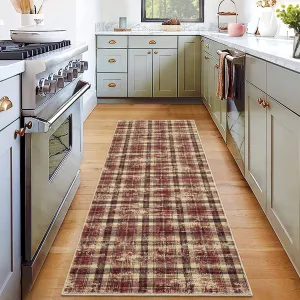 Plaid Red 2x8 Washable Runner Rug Non Slip Modern Print Decorative Plaid Hallway Runner Rug with Rubber Backing Low Pile for Kitchen Laundry Entryway