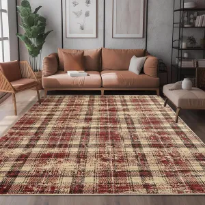 Plaid Red 10x13 Large Area Rug Machine Washable Rug Modern Print Decorative Plaid Non Slip Low Pile Plaid Rug Indoor Carpet for Living Room Bedroom Office