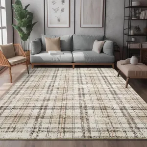 Plaid Beige 10x13 Large Area Rugs, Machine Washable Rug Modern Print Decorative Plaid Non Slip Low Pile Rug Irregular Plaid Indoor Carpet for Living Room Bedroom Office