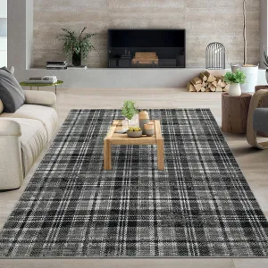 Plaid Grey 6x9 Washable Modern Rugs, Soft Low Pile Rug Living Room Rug Foldable Plaid Indoor Carpet for Bedroom Study Room
