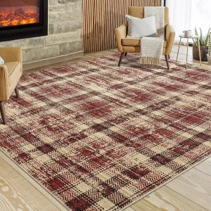 Plaid Red 6x9 Washable Rugs Distressed Checkered Rug for Living Room Bedroom Modern Office Carpet Low Pile Neutral Soft Nursery Rug Non Slip Plaid Rug Farmhouse Floor Cover Home Decor