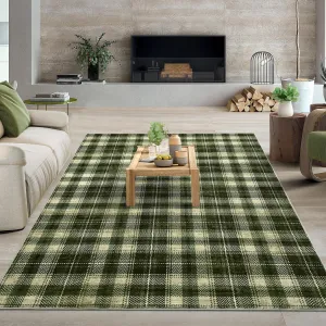Plaid Olive Green 8x10 Large Washable Area Rug Modern Distressed Checker Rug Non Slip Non Shedding Floor Carpet, Soft Thin Rug, Low Pile Plaid Rug for Bedroom, Living Room, Office