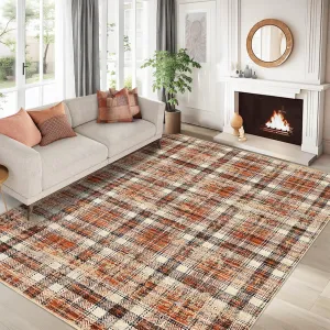 Plaid Orange 9x12 Area Rugs,Machine Washable Rug Irregular Plaid Non Slip Non Shedding Rugs Low Pile Foldable Stain Resistant Indoor Carpet for Living Room Bedroom Home Office